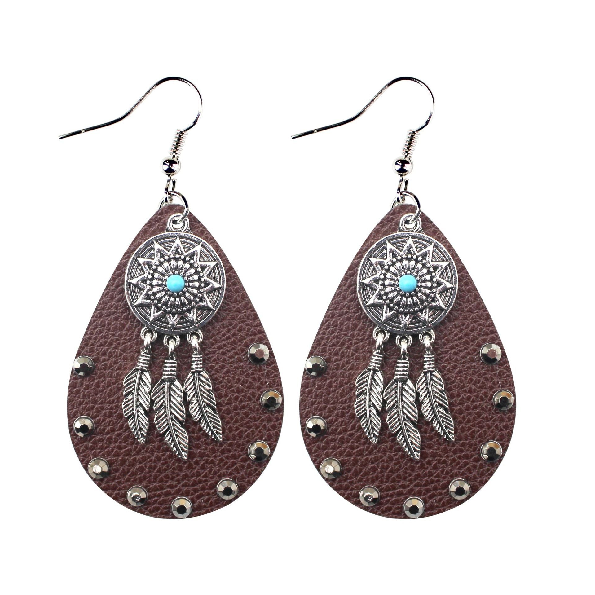 Wholesale Bohemian Hollow Mesh Feather Leather Earrings